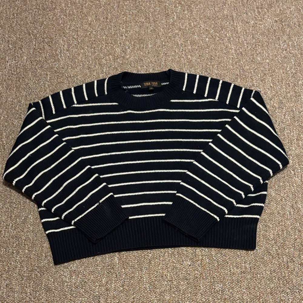 Truth Dark Navy and White Striped Cropped Women's Sweater